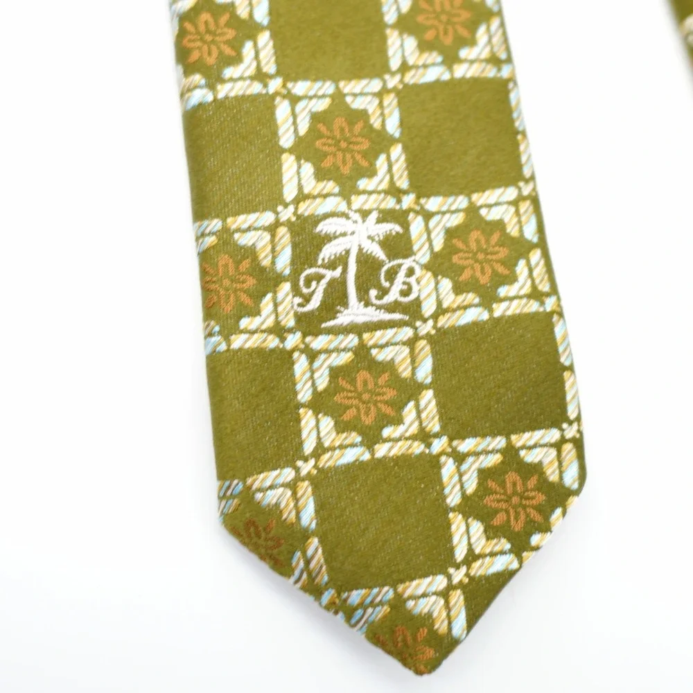 Tommy Bahama Green Brown Floral Check Hand Sewn Long‎ Wide Silk Tie